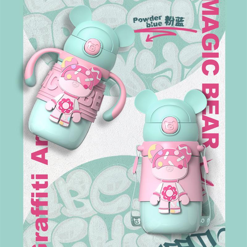 Little Surprise box Baby Blue 2d Magic Bear Kids Water bottle for Infants and Toddlers with Handles, 350 ML