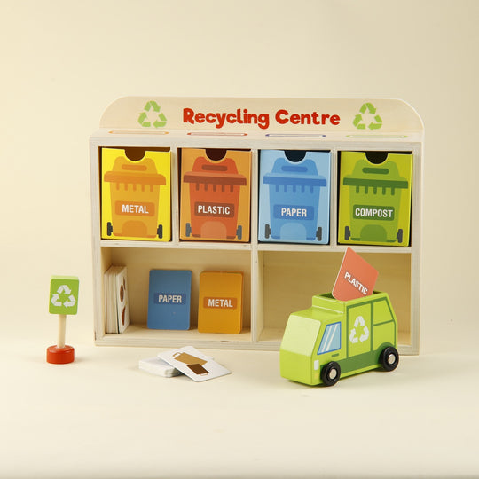 Playbox Tiny Trash Hub | Reduce & Reuse Recycling Center Playset | Wooden Green Garbage Truck Toy and Sorting Bins | Safe, Natural Materials for Environmental Learning, Fine Motor Skills, and Play