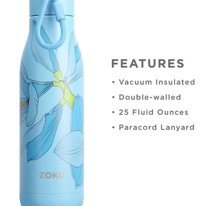 thinKitchen™ Zoku Stainless Steel Sky Lily Floral Bottle, Blue, 750ml