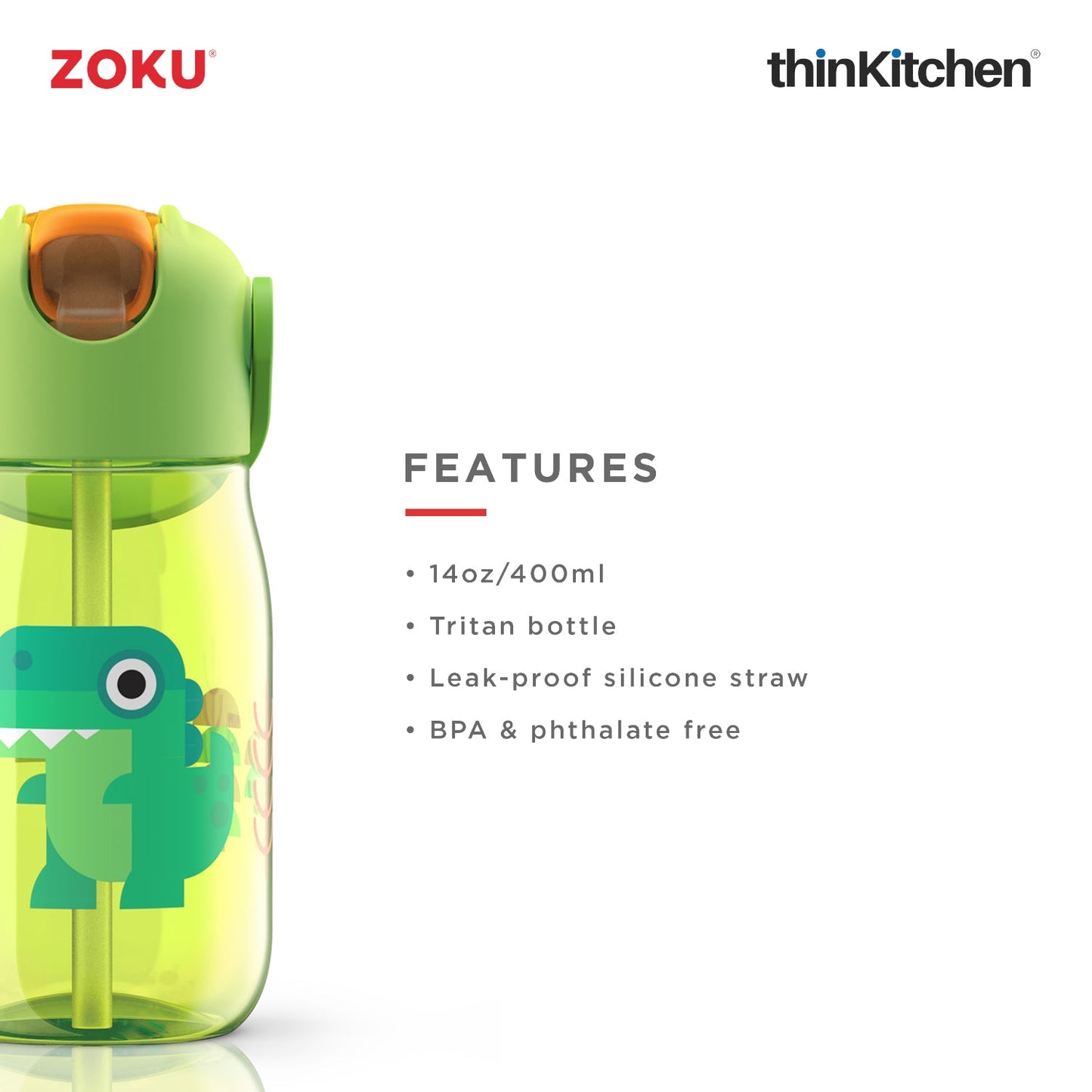 thinKitchen™ Zoku Kids Flip Straw Bottle, Green, 415ml