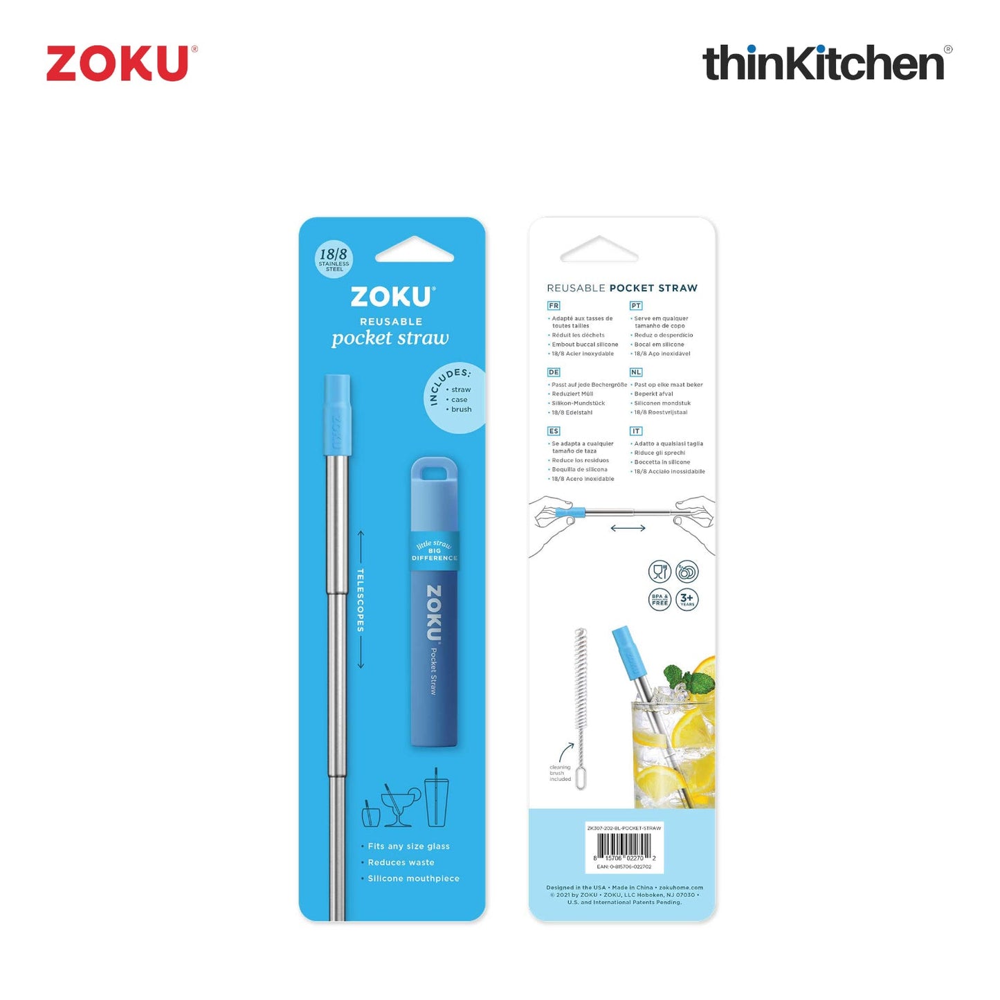 thinKitchen™ Zoku Blue Two Tone Pocket Straw