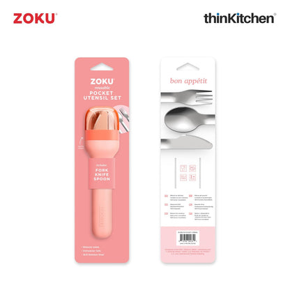 thinKitchen™ Zoku Stainless Steel Kids Pocket Utensil Set, Peach