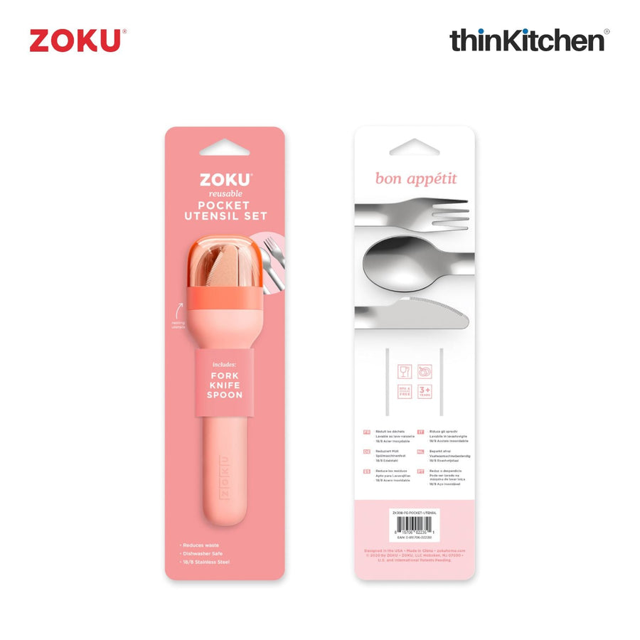 thinKitchen™ Zoku Stainless Steel Kids Pocket Utensil Set, Peach