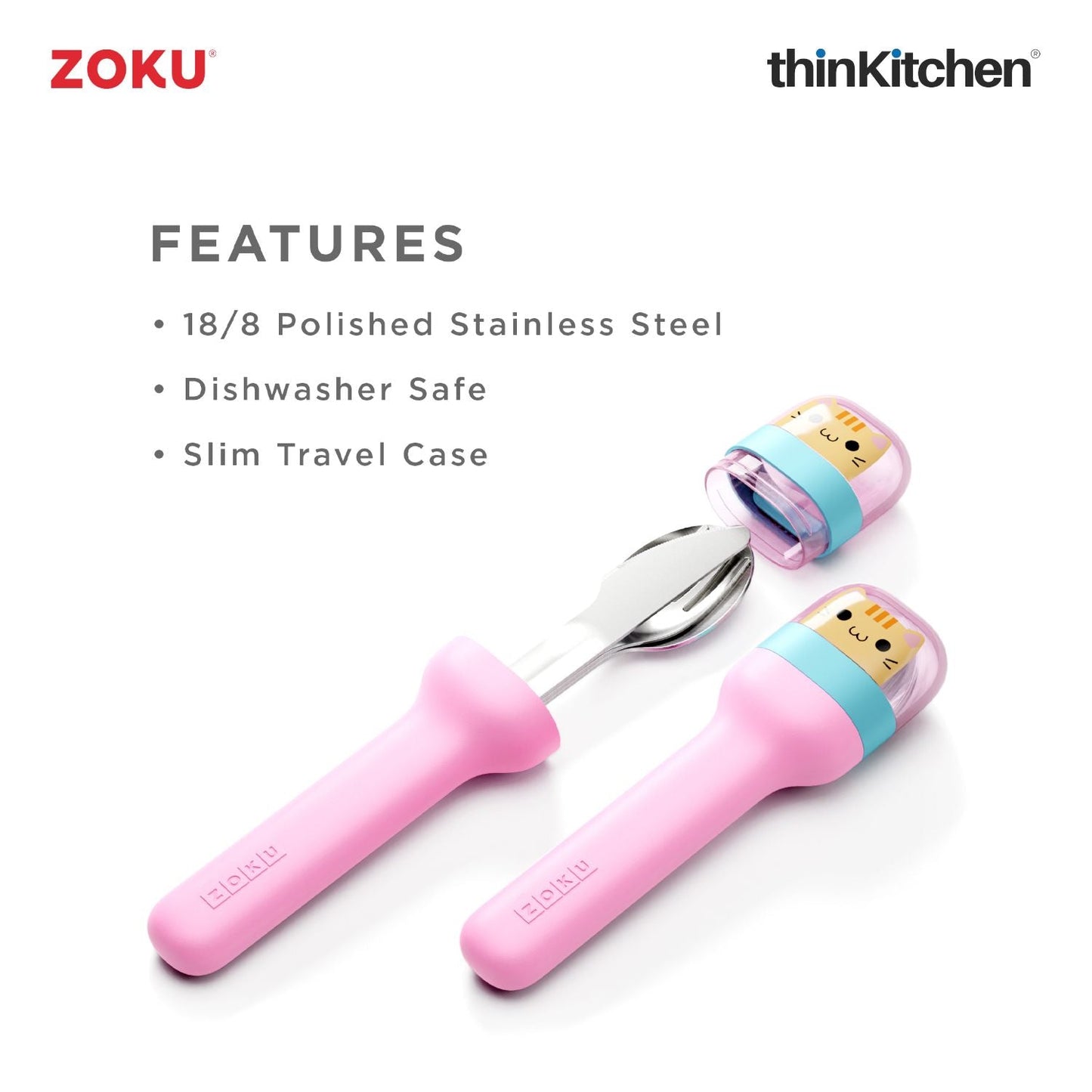 thinKitchen™ Zoku Stainless Steel Kids Pocket Utensil Set, Kitty