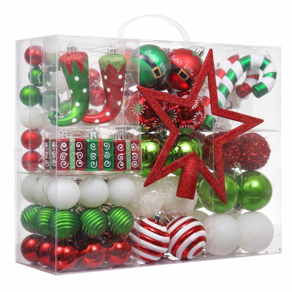 Christmas Ball Ornaments XMas Tree Hanging Decorations Red & Green Elf theme Christmas Balls, 100 pcs Box Set - Little Surprise BoxChristmas Ball Ornaments XMas Tree Hanging Decorations Red & Green Elf theme Christmas Balls, 100 pcs Box Set