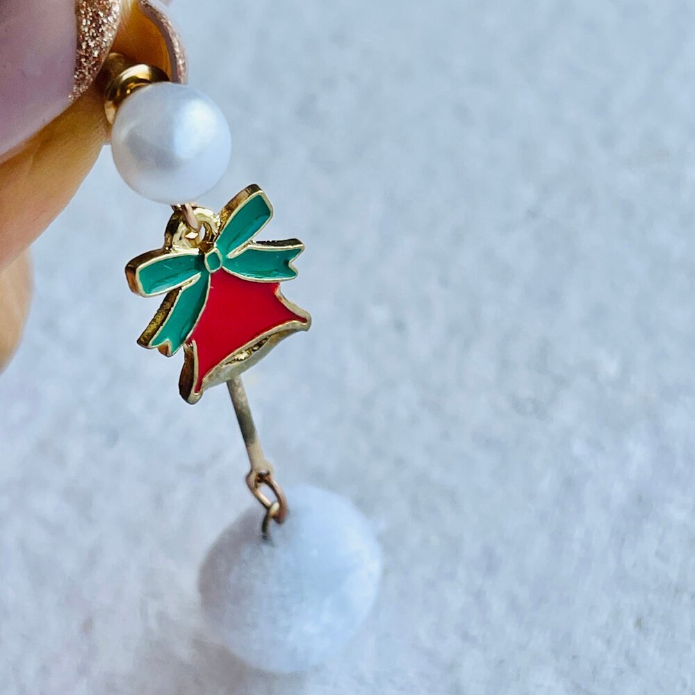 Christmas earrings accessories party wear, White Pompom hanging with Bells