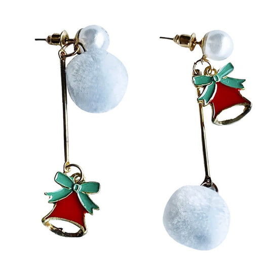 Christmas earrings accessories party wear, White Pompom hanging with Bells