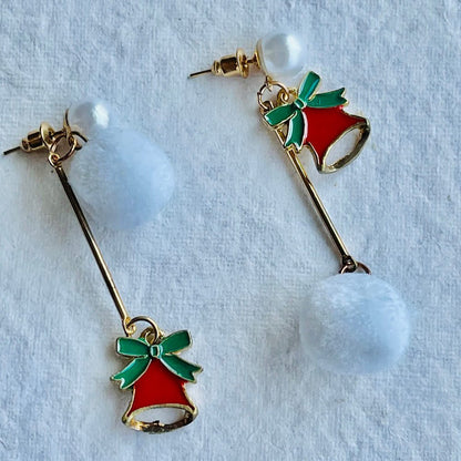 Christmas earrings accessories party wear, White Pompom hanging with Bells