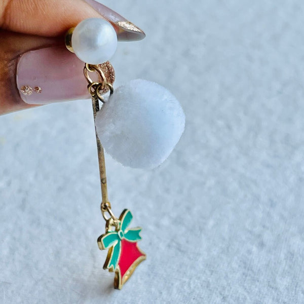 Christmas earrings accessories party wear, White Pompom hanging with Bells