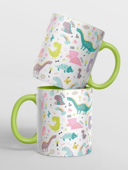 Dino Roar Pattern - Coffee Mug Ceramic 325 ml Handle & Inside Green