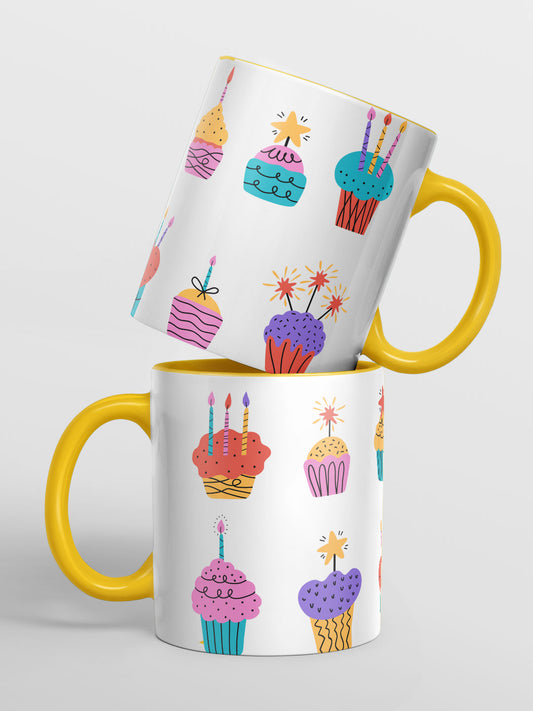 Bday Cupcakes - Coffee Mug Ceramic 325 ml Handle & Inside Yellow