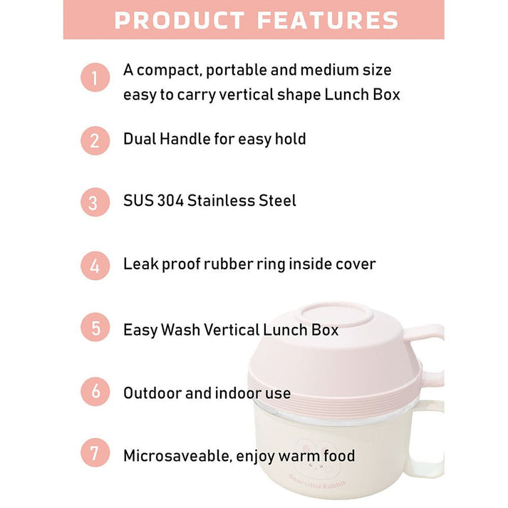 Little Surprise Box Cream & Pink Rabbit, Stainless Steel Dual Handle Soup and Noodles Lunch Box for Kids and Adults