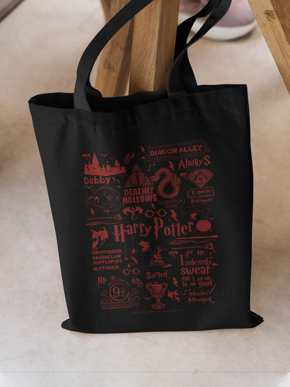 Harry Potter Infographic Red Casual Tote Bag - Polycotton - Black