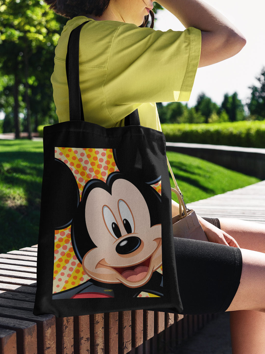 Zoom Up Mickey Casual Tote Bag - Polycotton - Black
