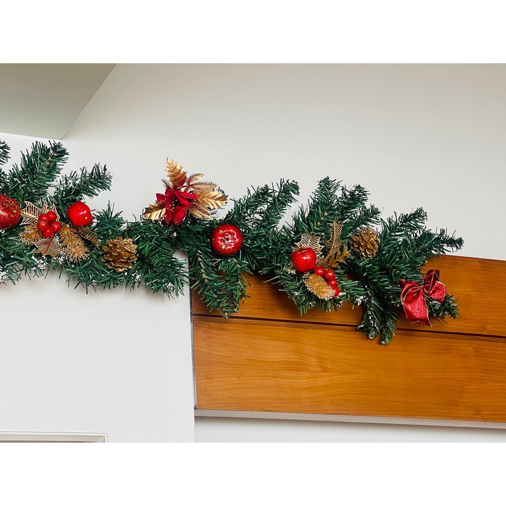 Gold & Red themed Bushy christmas Garland with Pinecones, Cherries and fillers, 6.5 feet