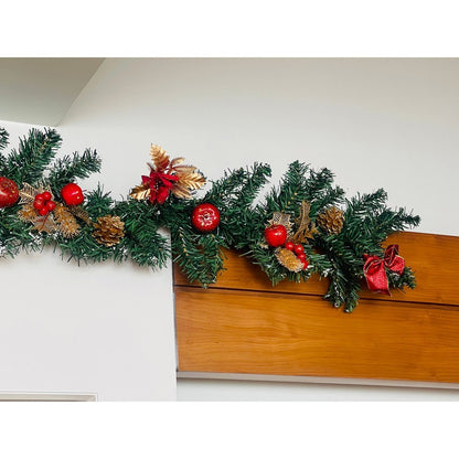 Gold & Red themed Bushy christmas Garland with Pinecones, Cherries and fillers, 6.5 feet