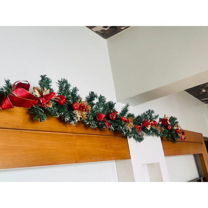 Gold & Red themed Bushy christmas Garland with Pinecones, Cherries and fillers, 6.5 feet