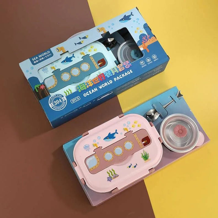 Little Surprise Box Pink Submarine Theme Compartment Steel Tiffin Lunch Box for Boys and Girls