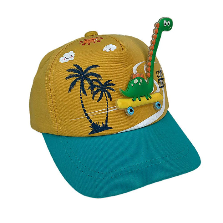 Little Surprise Box, Yellow & Teal  3d Dino on wheels Casual Cap for Kids