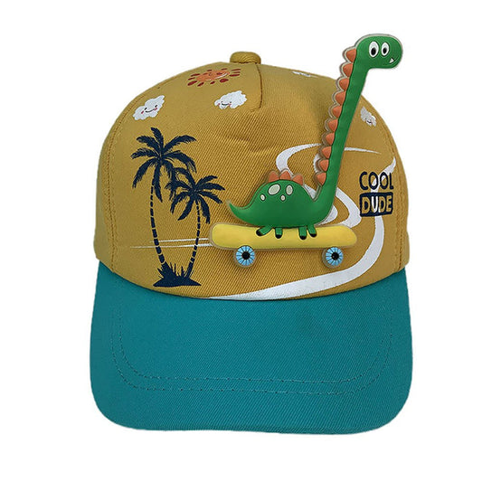 Little Surprise Box, Yellow & Teal  3d Dino on wheels Casual Cap for Kids
